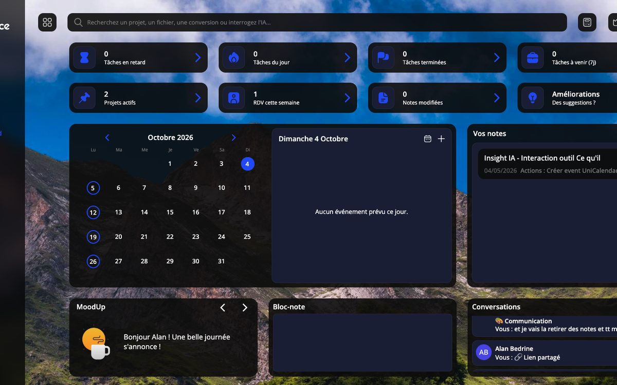 Tableau de bord de l'application MyUniSpace avec tâches, calendrier, notes et conversations