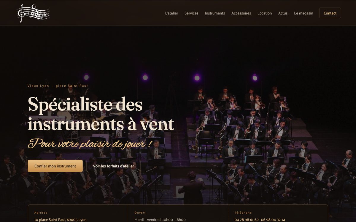 Page d'accueil du site Rosier Musique, spécialiste des instruments à vent à Lyon